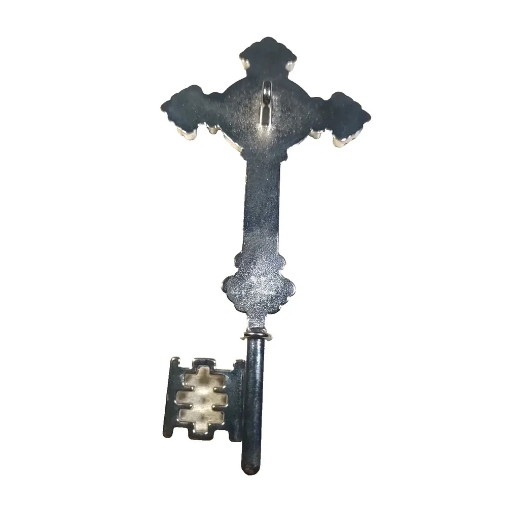 Large Cross Key Pendant Silver Tone Religious Red Heart